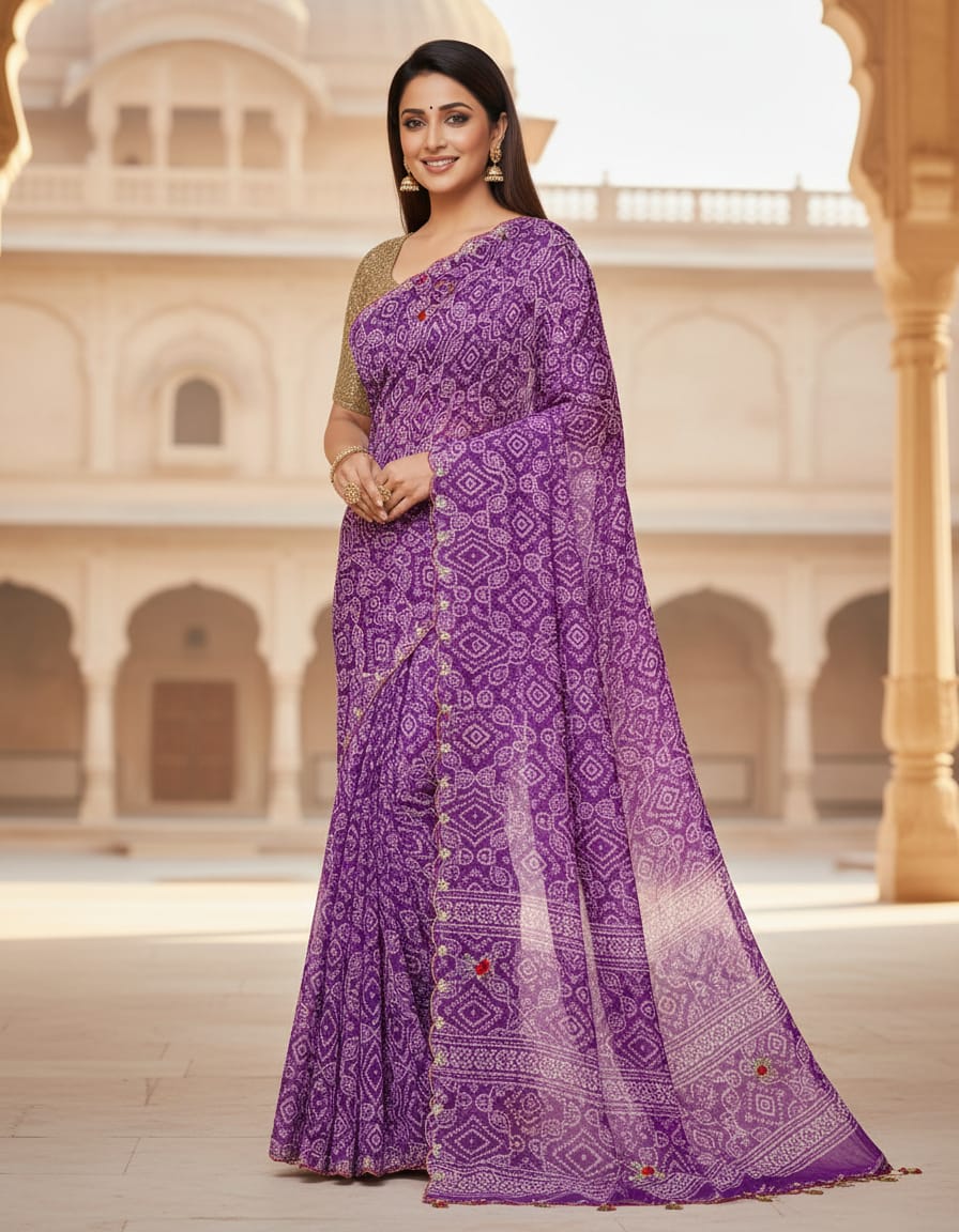 Purple colour pure chiffon hand work saree Purple Colour Pure Chiffon Hand Work Saree - Image 1