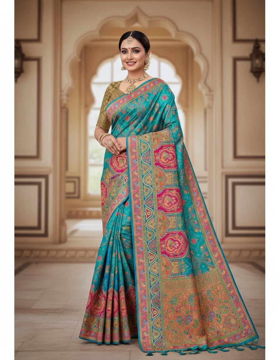 WhatsApp Image 2026-07-22 at 10.19.39 PM Rama Green Colour Primium Munga Silk Zari Weaving All Over Saree - Image 1