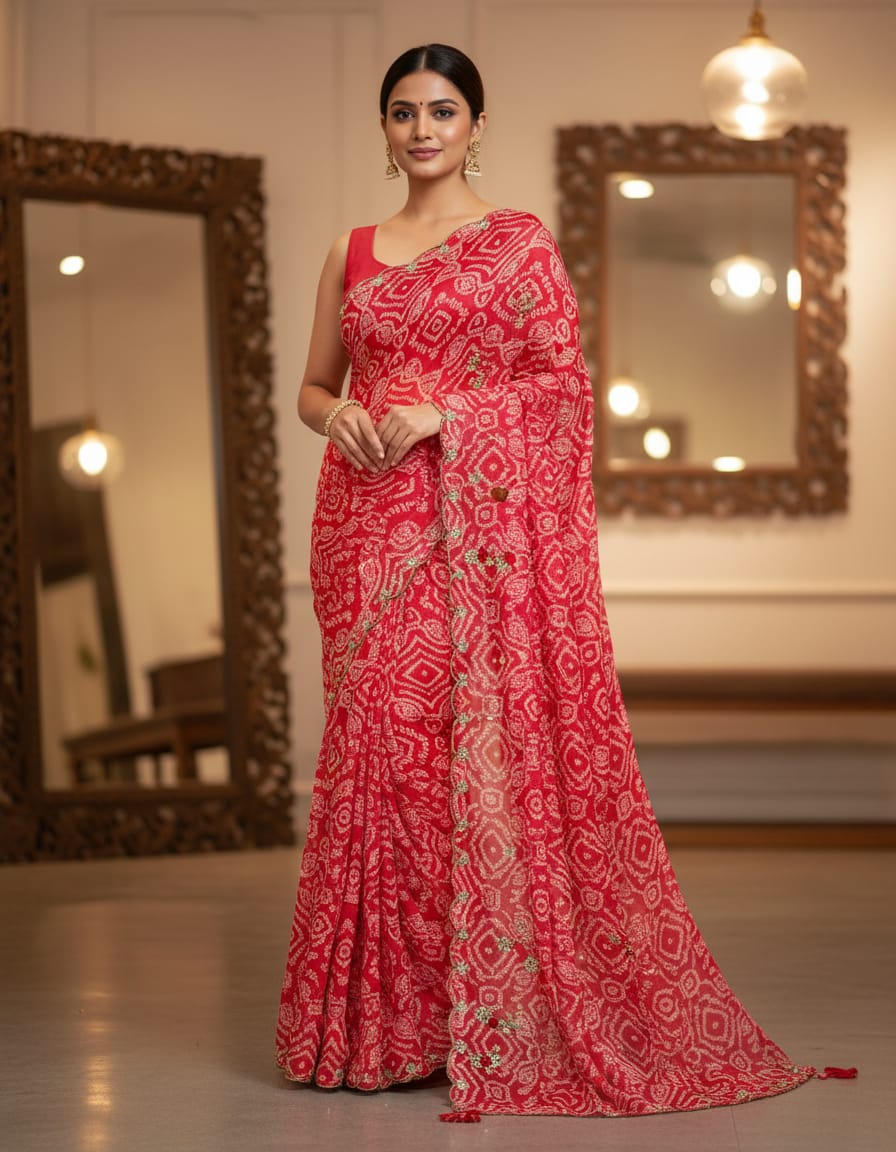 Red colour beautiful hand work pure chiffon saree Red colour beautiful hand work pure chiffon saree