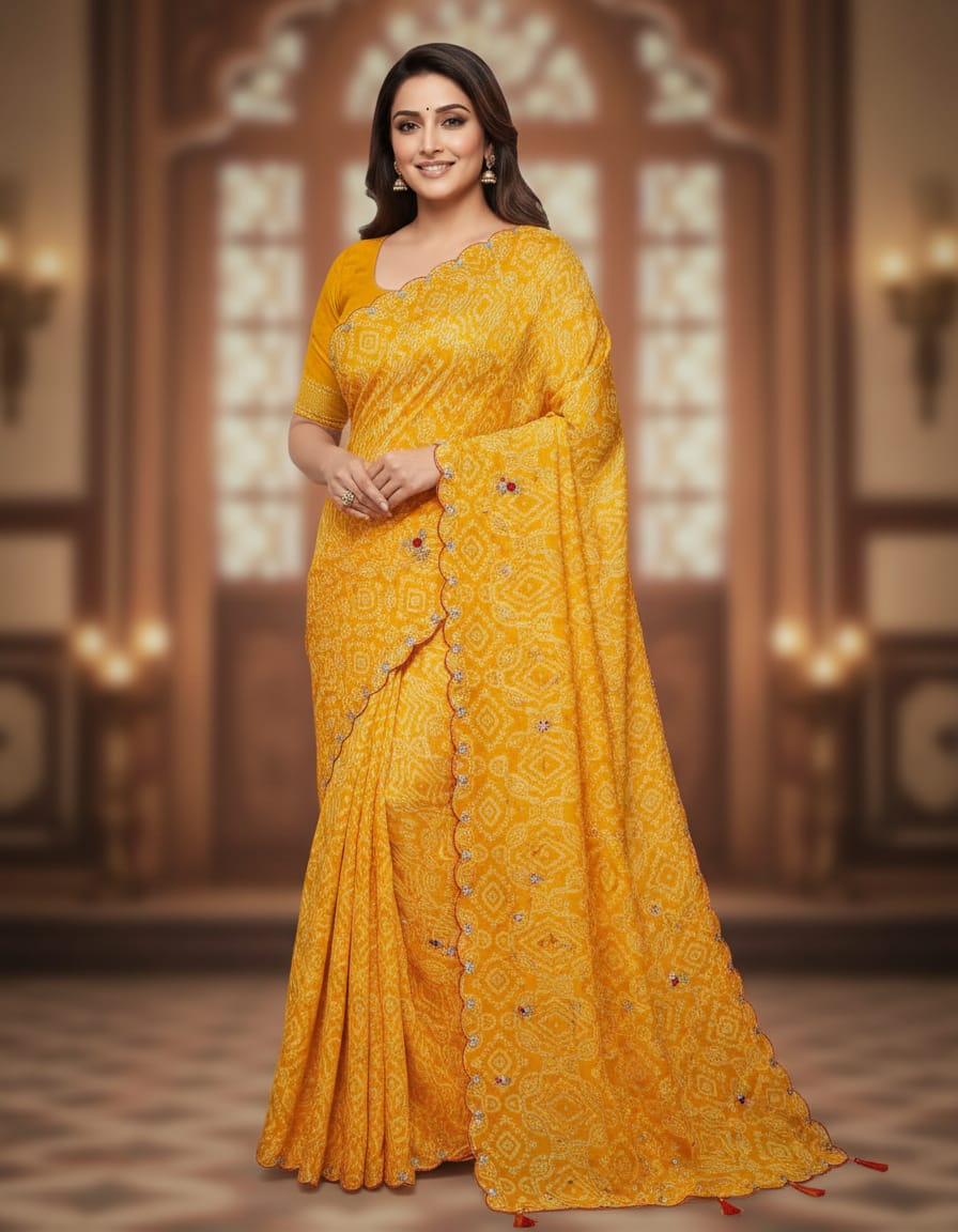 Yellow Bandhani print pure chiffon hand work saree Yellow Bandhani Print Pure Chiffon Hand Work Saree - Image 1