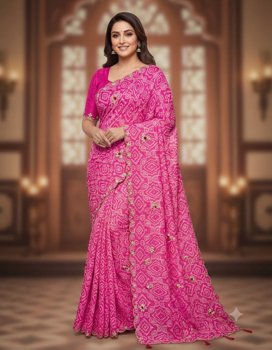 Pink Colour Hand Work Pure Chiffon Saree Pink Colour Hand Work Pure Chiffon Saree - Image 1