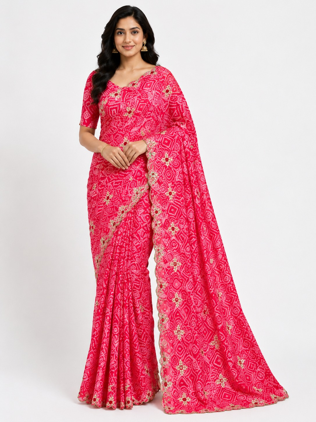 Saree Bandhni Print Saree with Hand Work Rani Pink - Image 1