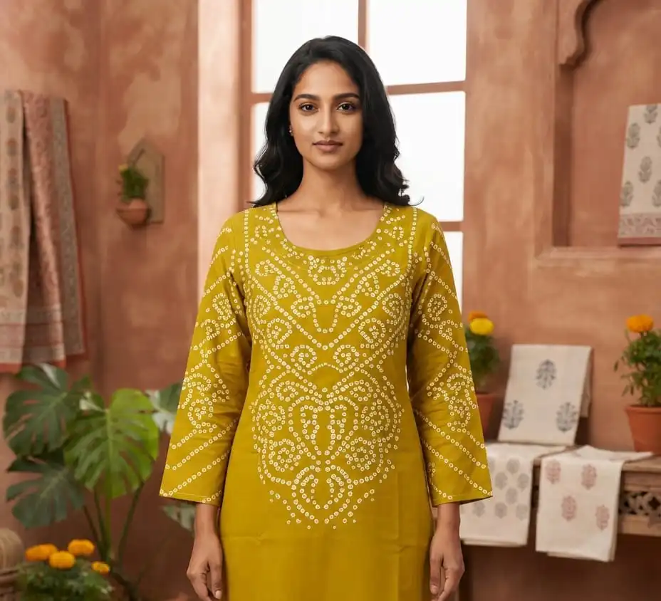 Yellow Short Kurti Bandej Print Yellow Short Kurti Bandej Print - Image 1