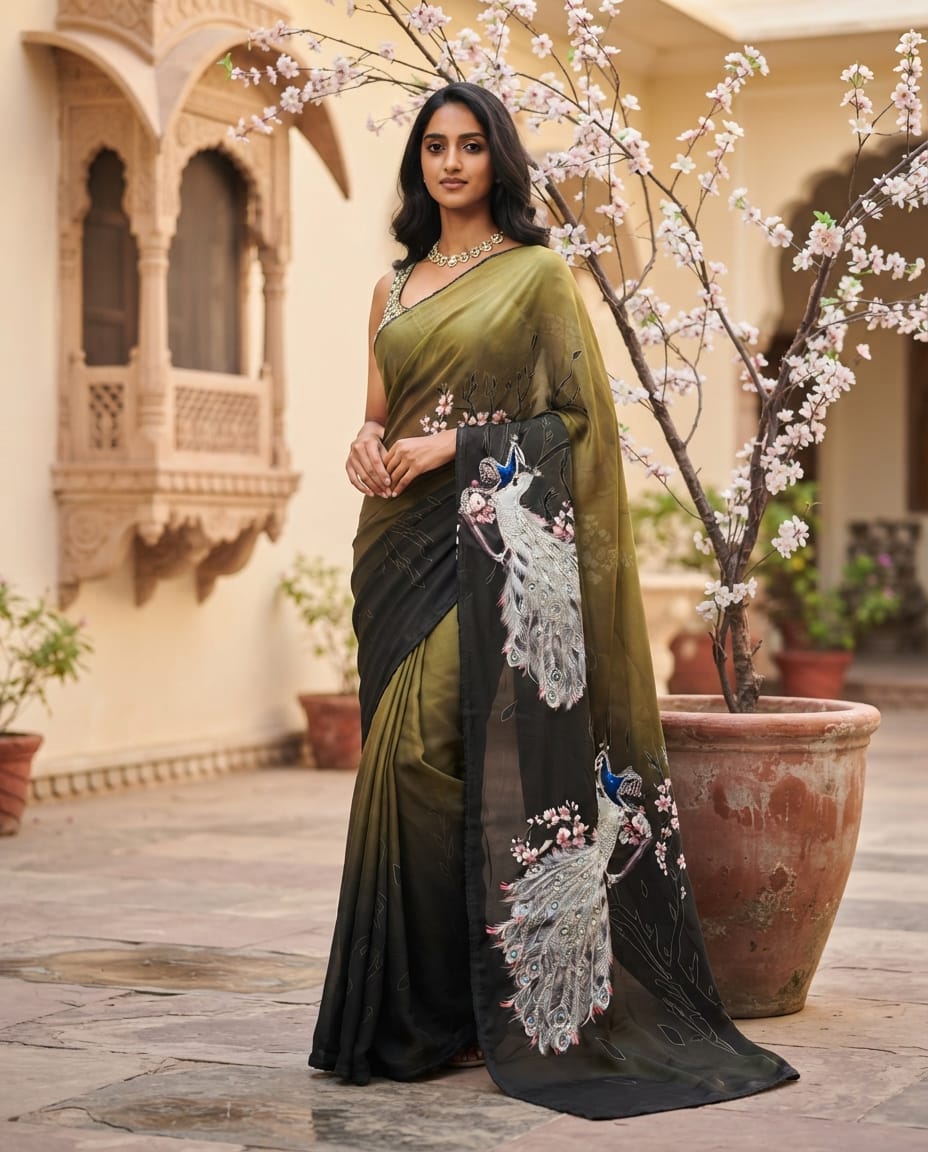 WhatsApp Image 2026-08-24 at 10.11.45 PM Silver gotta pati peacock design super light weight Georgette fabric shaded saree - Image 1