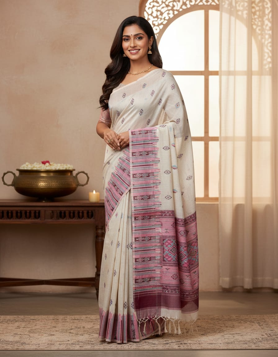 WhatsApp Image 2026-08-26 at 7.47.39 PM Pure cotton weaving saree cream and multiple combinations with butti - Image 1